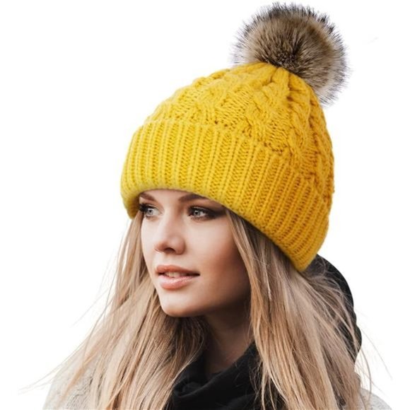 Accessories - WOMEN'S Winter Soft Knit Beanie Hat with Faux Fur Pom Pom Warm, Yellow